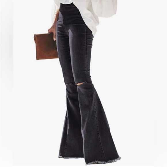 Button Free Elastic Waist Distressed Flared Long Bell Bottom Denim Jeans - Picture 4 of 8